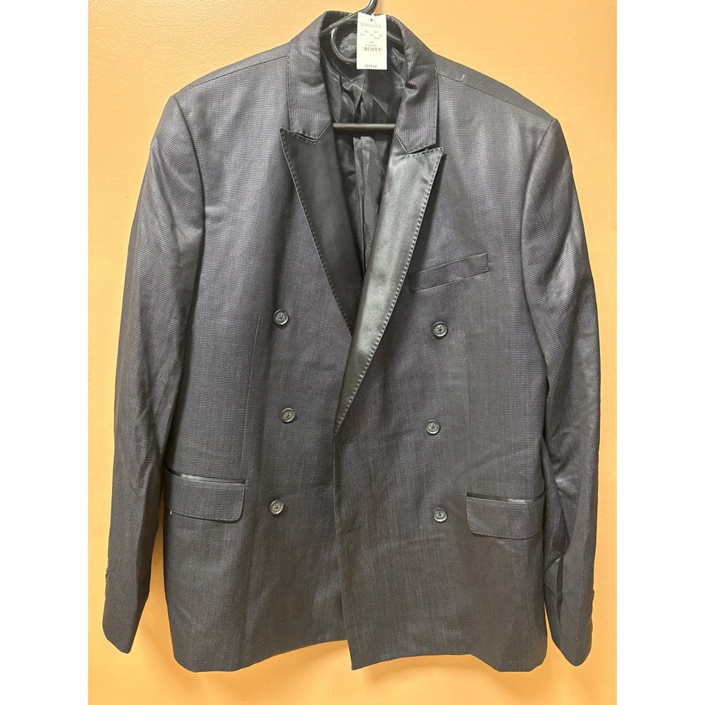 Express Mens 44R Tuxedo Jacket Black Wool Silk Double Breasted Satin Peak Lapel
